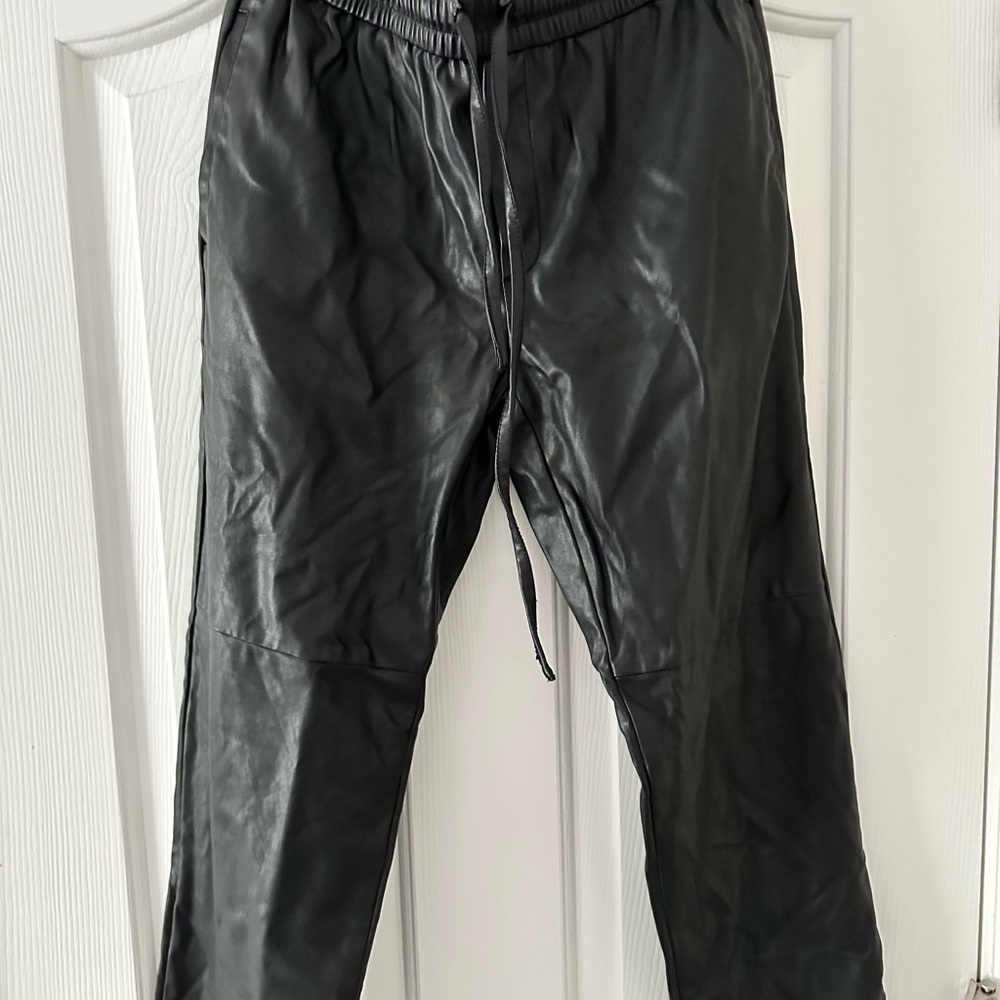 Women Black Pleather Ankle Length Pull-On Pants